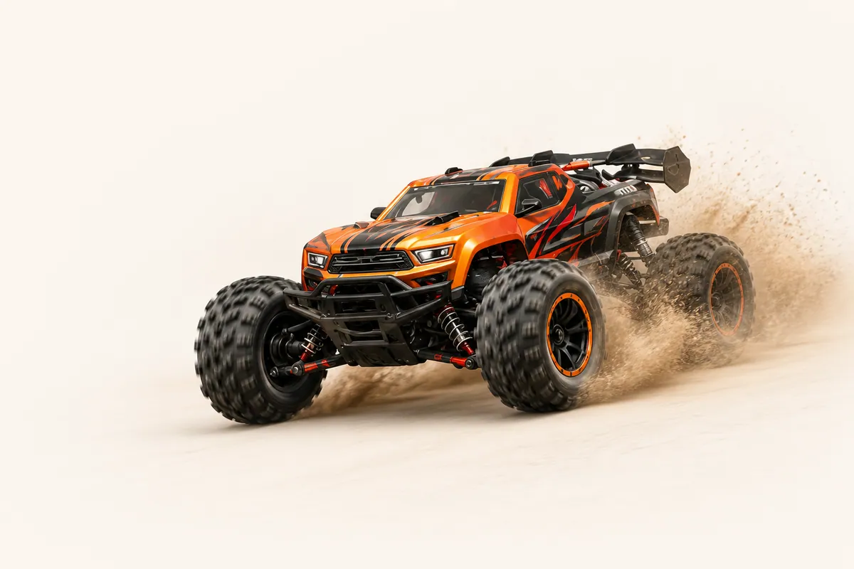 Orange and black RC monster truck racing through dust